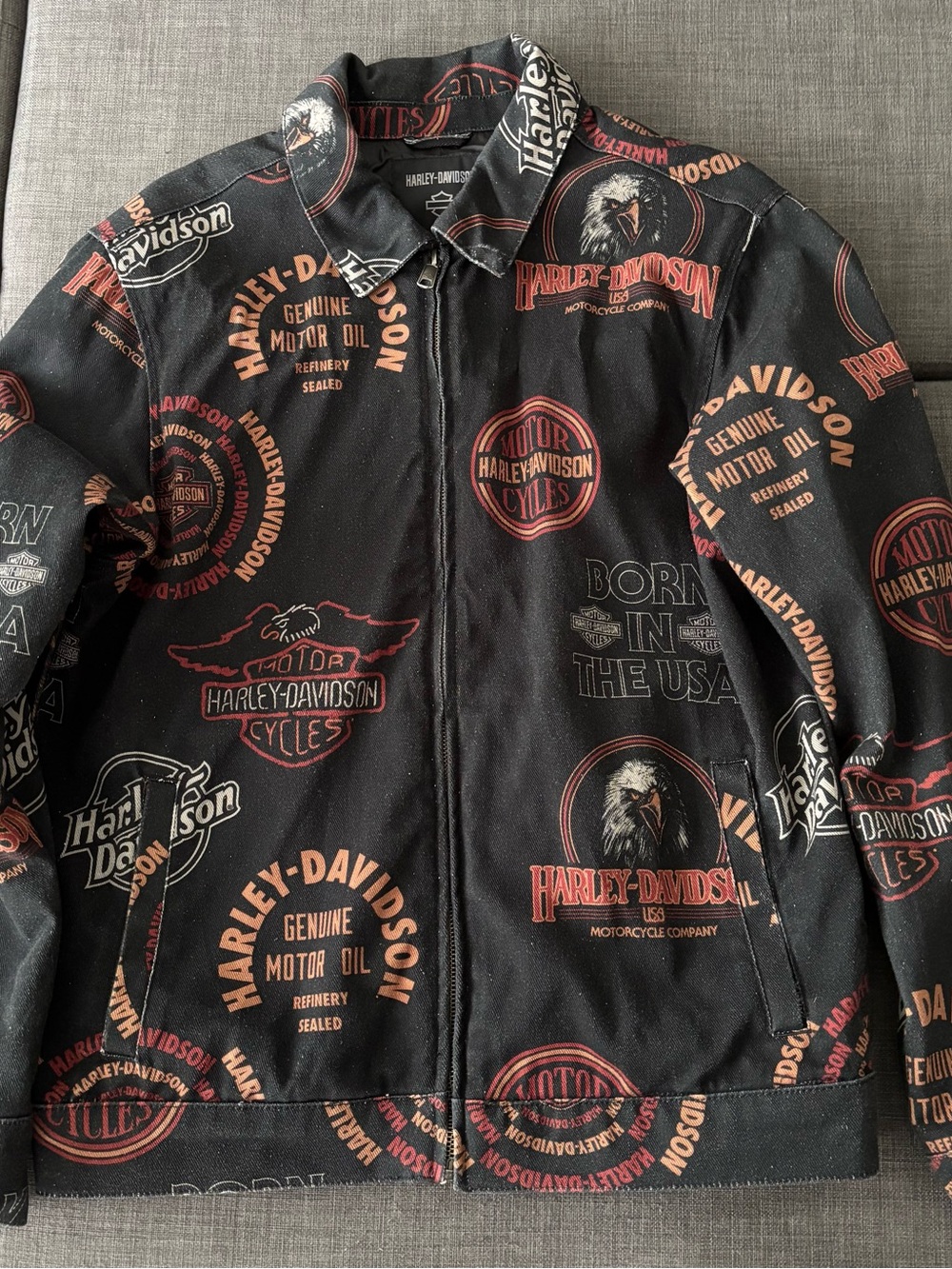 Harley-Davidson Black Jacket with Orange Logo Allover Print